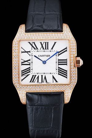 Cartier Santos All Diamonds Rose Gold Crown Dress Watch KDT042 Black Lteather Strap