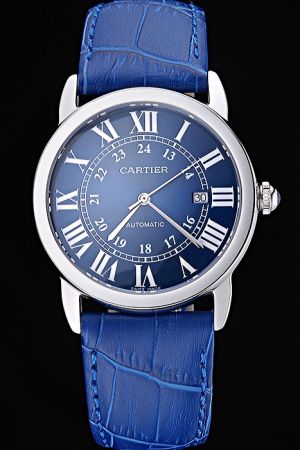 Cartier Blue Leather Bracelet Ronde 24 Hours Swiss   Movement Dress Watch SKDT050