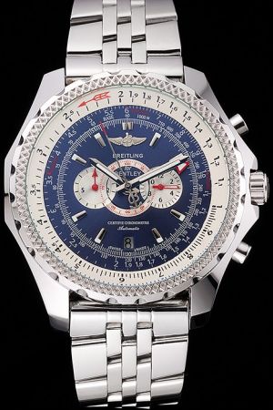 Knockoffs Breitling Bentley Supersports Silver Ribbed Bezel Blue Dial Stainless Steel Watch