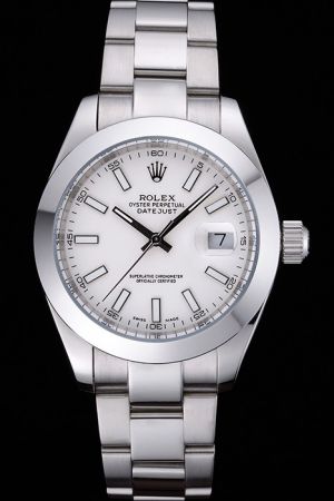 Unisex Rolex Datejust Oyster Perpetual Smooth Bezel Luminous Stick Hour Marker Convex Lens Date Window White Gold Watch Ref.116200-72600