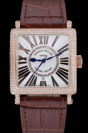 Franck Muller Master Square 6002 M QZ REL R D 1R Diamonds Rose Gold Brown Leather Strap Watch FM002