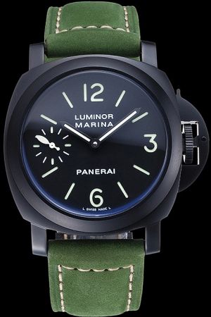 Panerai Luminor Marina PAM00001 Black Dial Ion-plated Case Green Suede Leather Strap Watch Rare Collection PN035