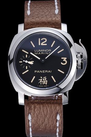 Panerai Luminor Marina Black Face Brown Leather Strap Guy SS Automatic Watch PN112