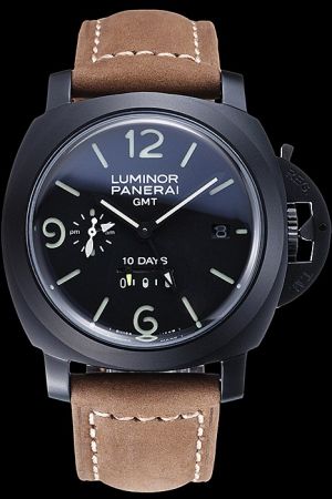 Panerai PAM00533 Luminor Khaki Leather Strap Male Black GMT Date Clone Watch PN132
