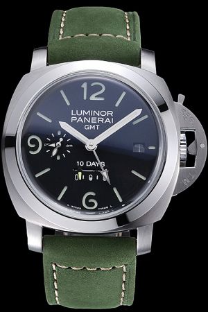Panerai Luminor PAM00533 10 Days Black Dial Green Leather Strap Fashion Mens GMT Watch PN092