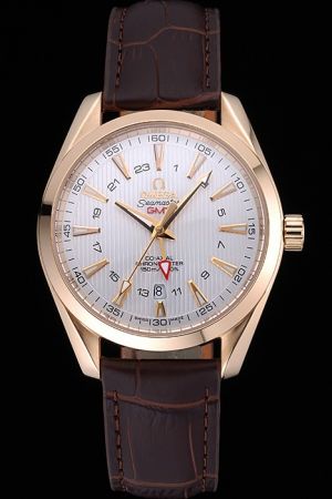 Rep Omega Seamaster Escapement GMT Gold Case White Striated Dial Arrow/Arabic/Stick Scale Four Pointers Brown Band Watch