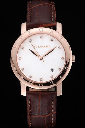 Bvlgari Affordable Standard White Dial Diamonds Index Gold Case Brown Leather Strap Watch BV114