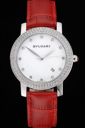 Bvlgari White Dial Diamonds Markers And Bezel Solid Steel Case Red Leather Strap Watches BV106