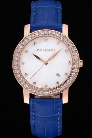 Bvlgari Ladies White Dial 18k Rose Gold Case Blue Leather Strap Diamonds Watch Replica USA BV107