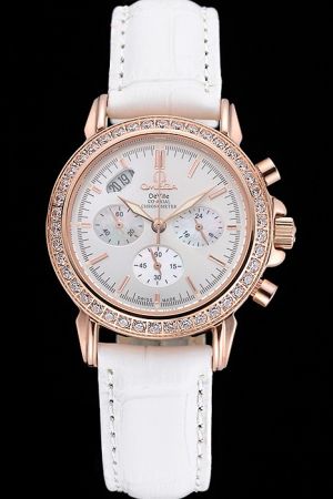Replica Omega De Ville Co-Axial Chronometer Rose Gold Case Diamonds Bezel Luminous Losange Hand Oval Sub-dials White Strap Watch