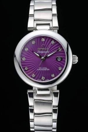 Omega De Ville Ladymatic Silver Case Purple Guilloche Dial Diamonds Scale Stainless Steel Bracelet Women Date Watch 425.30.34.20.60.001