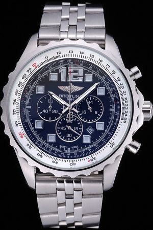 Breitling Professional Chronospace Silver Seriated Bezel Black Dial Stainless Steel Bracelet Watch 