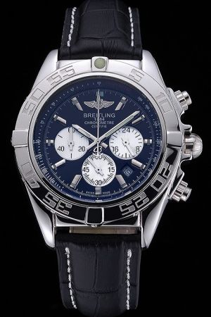 Swiss Breitling Chronomat White Sub-dials Silver Case Uni-directional Bezel Black Strap Watch AB014012/BA52/428X/A18BA.1