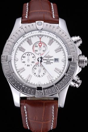 Breitling Chronomat White Dial Uni-directional Bezel Stick Marker Brown Leather Strap Watch