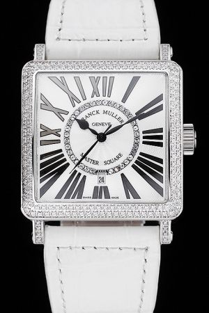 Franck Muller Master Square 6002 M QZ D CD 1R Diamonds Quartz White Leather Strap Watch FM001