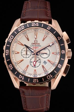Omega Seamaster Aqua Terra Rose Gold Case Unidirectional Rotating Bezel Beige Striated Dial Arrow Scale Dauphine Hand Rep Watch