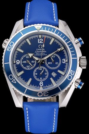 Omega Seamaster Professional Planet Ocean Blue Unidirectional Rotating Bezel Blue Dial Luminous Scale Three Sub-dials Blue Strap Watch