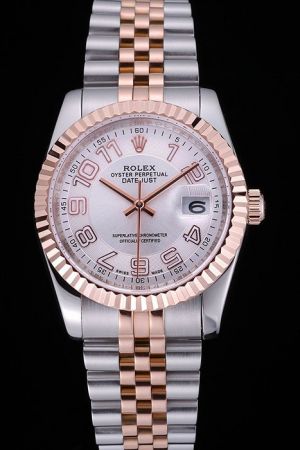 Rolex Datejust Oyster Perpetual Rose Gold Fluted Bezel Silver Concentric Dial Arabic Numeral 2-Tone Jubilee Bracelet Men Watch