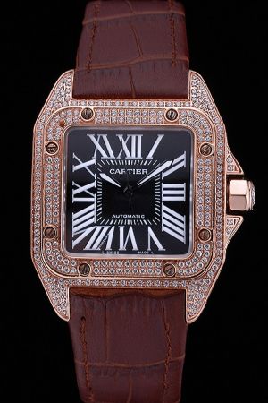 Faux Cartier Diamonds Jewelry Swiss Automatic Movement  Watch SKDT019 Brown Leather Strap