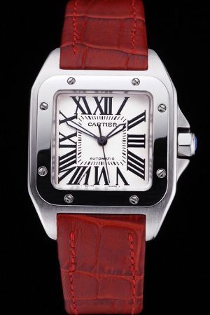 Cartier Santos White gold Brown Leather Strap Diamonds Watch Fake SKDT001 Swiss Movement