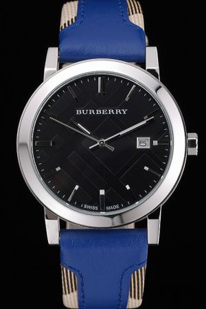 Burberry New The City BU9018 Black Dial Silver Case Nova Check Blue Leather Strap Ladies Watch BU002 