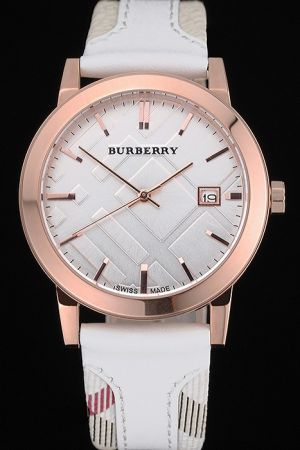 Burberry BU9110 Classic Large Check Silver Dial Gold Case White Leather Strap Watch  BU003