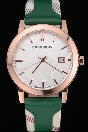 Burberry BU9105 The City Classic Silver Dial Gold Case Green Leather Strap Watch For Women BU004