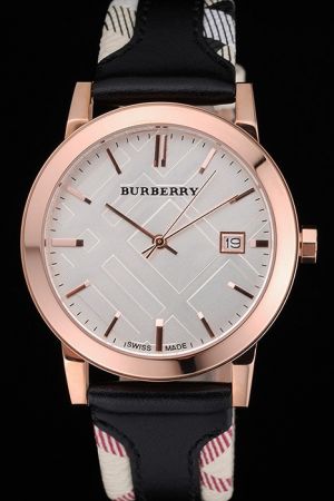 Burberry BU9104 Silver Dial 18k Rose Gold Case Black Leather Strap Japanese Quartz Watch BU005