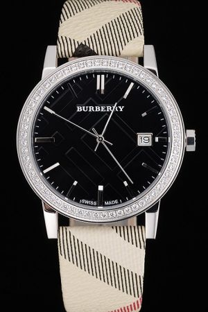 Burberry BU1772 The City Classic Black Dial Diamonds Stainless Steel Case Haymarket Strap Watch BU008