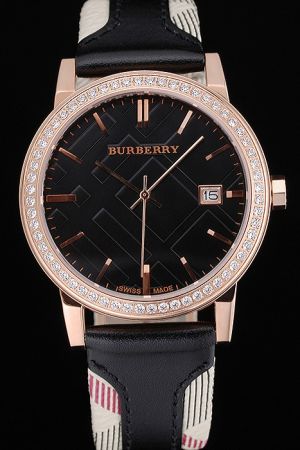 Burberry BU9225 Diamonds Gold Case Black Dial Black Calfskin Leather Strap 38mm Watch BU009