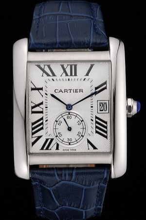 Cartier Business Tank WSTA0010 Medium Size Quartz Blue Leather Strap Watch KDT185 Silver Bezel