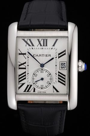 Cartier W5330003 White Gold Tank  Black Leather Wristband Nice Price  Suits Watch KDT184 