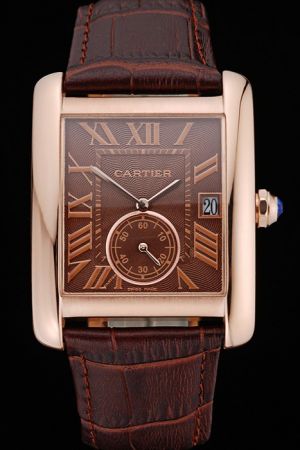 Cartier Date Gents Business One Size Tank Brown Strap Watch KDT205 Pink Gold Bezel