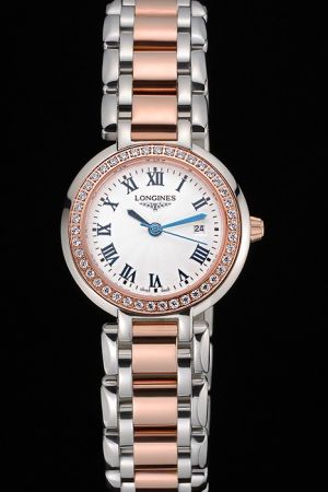Luxury Fake Longines PrimaLuna Diamonds Bezel Two-tone Bracelet Roman Scale Quartz Watch L8.111.5.79.6