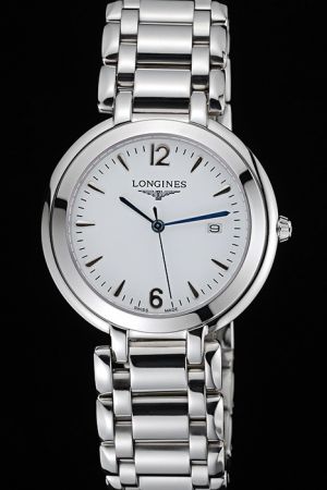 Longines PrimaLuna White Dial Stick Arabic Marker Blue Pointer Stainless Steel Watch 
