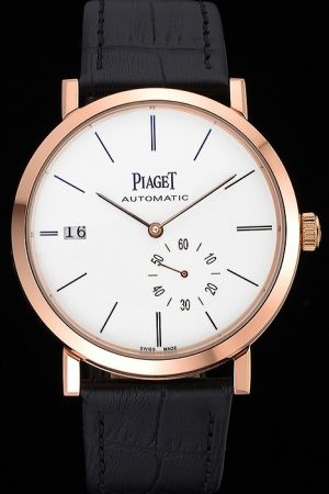 Piaget Altiplano 43mm Rose Gold Case White Dial Stick Scale/Pointers One Second Sub-dial Black Strap Automatic Watch G0A35131