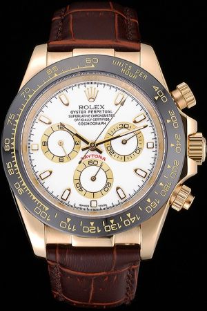40mm Fake Rolex Daytona Gold Case Black Tachymeter Bezel White Dial Three Two-tone Sub-dials Brown Leather Strap Watch Ref.116518