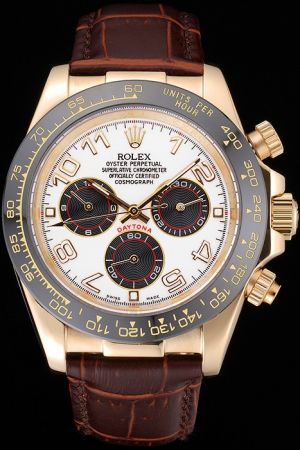 Rolex Daytona Gold Plated SS Case Ion-plated Tachymeter Bezel Arabic Numerals Three Black Concentric Pattern Sub-dials Brown Strap Watch