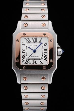 Cartier Santos Date Rose Gold Bezel Watch SKDT018 Silver S/Steel Bracelt