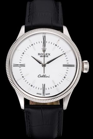Rolex Cellini Silver SS Fluted Bezel White Dial Stick/Roman Marker Silver Alpha Pointers Black Band Swiss Watch Ref.50509