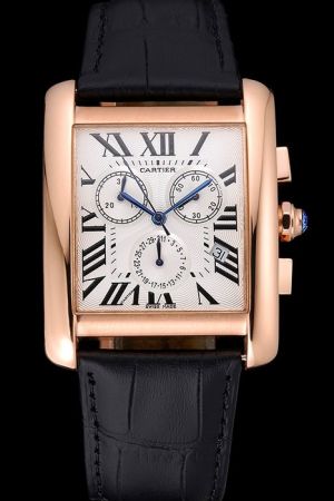  Cartier W5330007 Rose Gold Case Tank Chronograph Watch KDT259 Black Leather Strap
