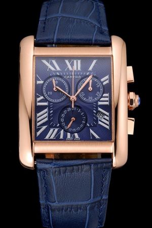 Fake Cartier Blue Strap Date Rose Gold Bezel Tank mans chronograph Watch KDT213