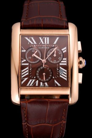  Cartier Brown Strap Date Rose Gold Bezel Boys  Watch KDT208 chronograph Tank