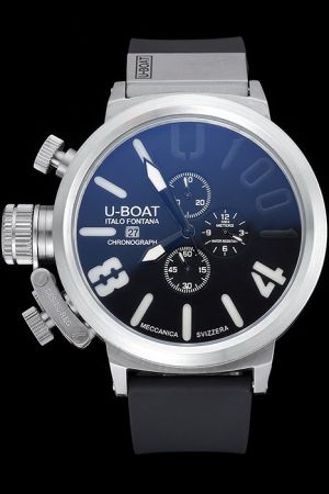 U-Boat Classico 48 Black Dial Black Rubber Strap Stainless Steel 48mm Chrono Watch  UB003