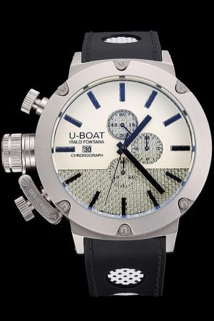 U-Boat Classico 48 Chronograph White Textured Dial Black Markers Silver Bezel Black Strap Watch UB005