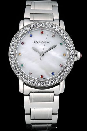 Bvlgari Female Mother Of Pearl Dial Colorful Jewel Markers Diamonds Bezel Stainless Steel Watch BV104