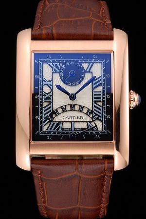 Cartier Tank Day Date Rose gold Interview Brown Strap Watch Fake KDT252 Big Size
