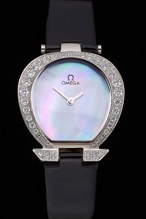 Rep Omega Specialities Horseshoe-shaped Diamonds Case Pearl Dial Two White Pointers Black Patent Leather Strap Lady Watch 5886.72.51