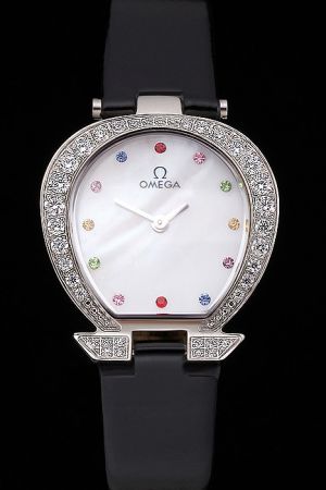 Women Omega Specialities Horseshoe-shaped Diamonds Case Coloured Diamonds Scale Smallish Index Black Patent Leather Strap Watch
