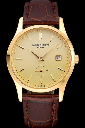 Luxury Patek Philippe Calatrava Yellow Gold Case&Dial Stick Marker Brown Strap Watch